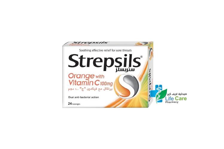 ستريبسلز بنكهة البرتقال مع فيتامين سي لتخفيف التهاب الحلق 24 قرص استحلاب - صيدلية لايف كير