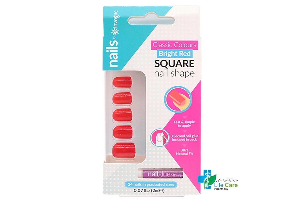 INVOGUE BRIGHT RED SQUARE NAIL SHAPE 24 NAILS - Life Care Pharmacy
