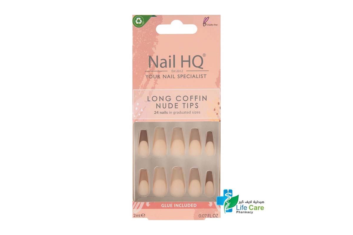 NAIL HQ LONG COFFIN NUDE TIPS 24 NAILS PLUS 2ML GLUE - Life Care Pharmacy