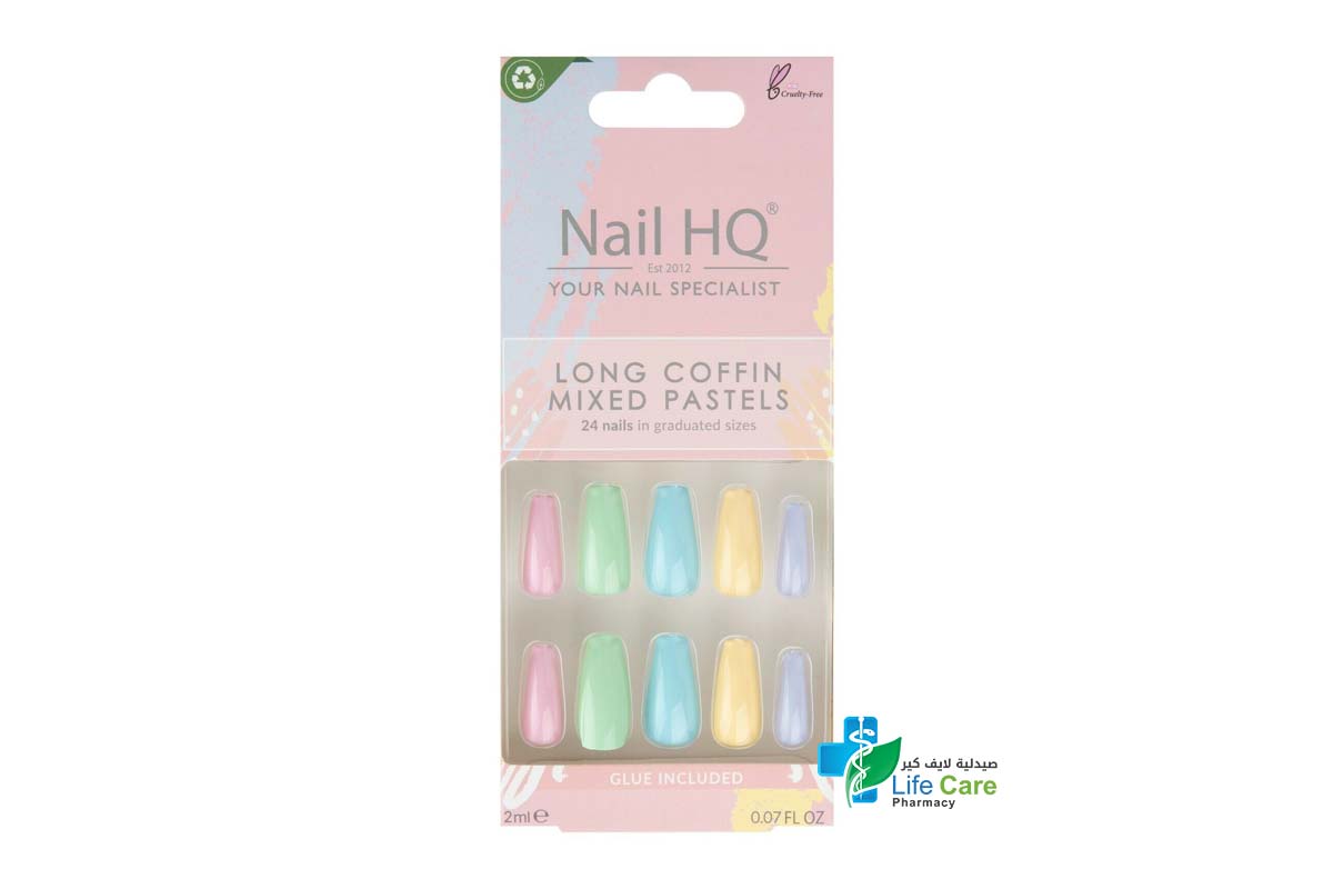 NAIL HQ LONG COFFIN MIXED PASTELS 24 NAILS PLUS 2ML GLUE - Life Care Pharmacy