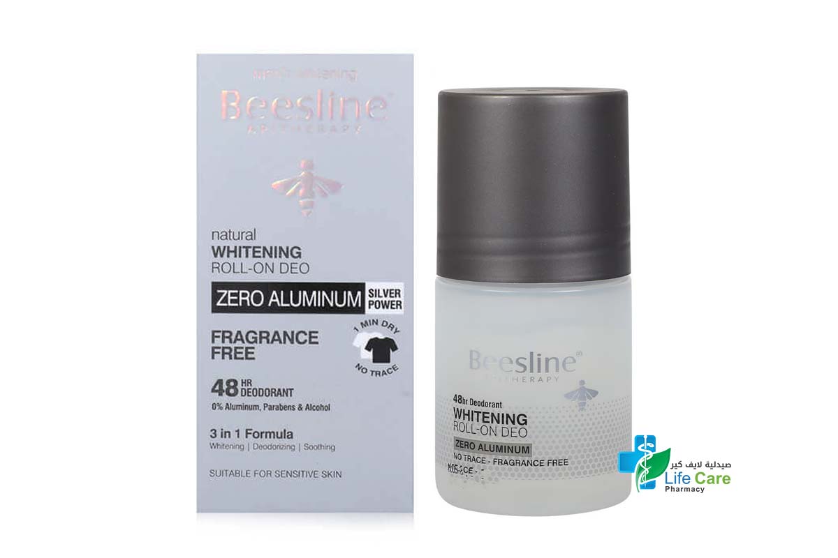 BEESLINE NATURAL WHITENING ROLL ON DEO ZERO ALUMINUM SILVER POWER FRAGRANCE FREE 48HR 70 ML - Life Care Pharmacy
