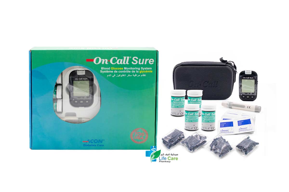 BOX OFFER ON CALL SURE BLOOD GLUCOSE MONITOR PLUS 100 STRIPS PLUS 100 LANCER PLUS 100 ALCOHOL - Life Care Pharmacy