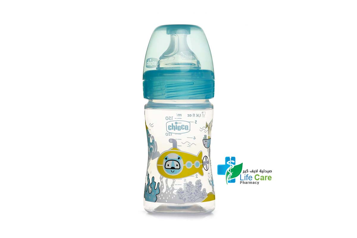 CHICCO WELL BEING PLASTIC FEEDING BOTTLE MINT BOY 0 MONTHS PLUS 150 ML - Life Care Pharmacy
